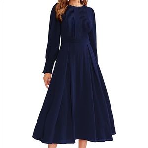 Navy Blue Long Sleeve Midi Dress